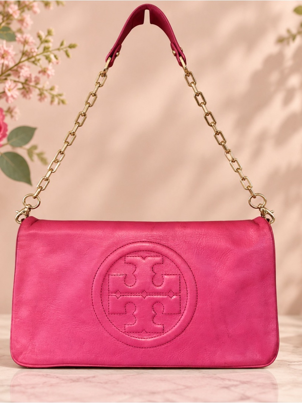 Tory Burch Pink Leather Logo Chain Shoulder Bag Gold Hardware